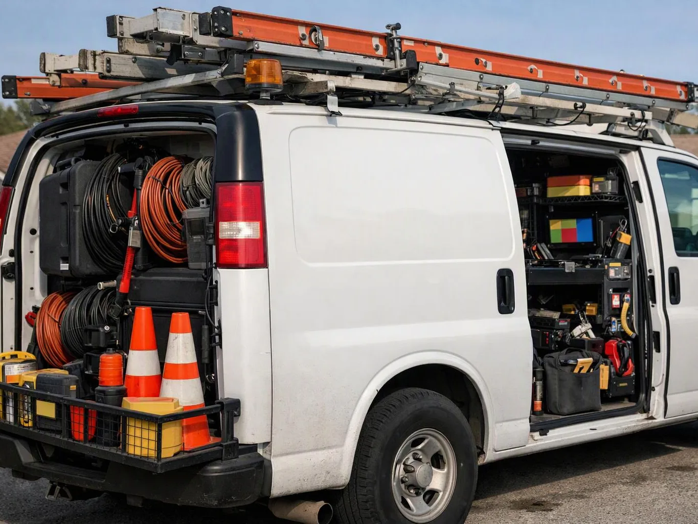 A white utility van with open side doors shows coiled cables, tools, and orange traffic cones