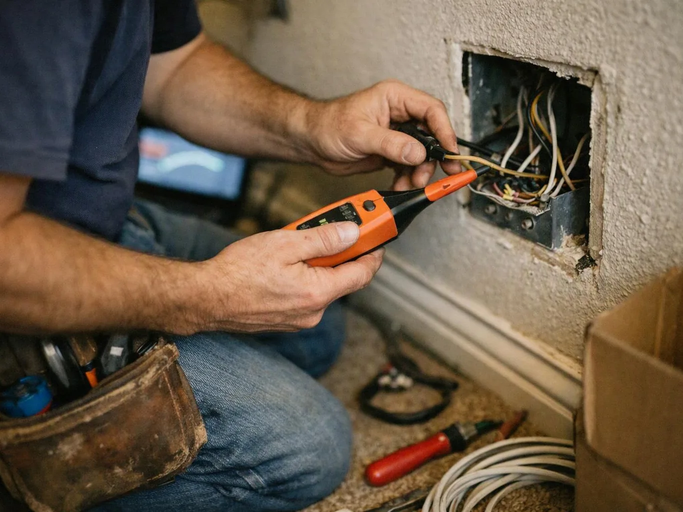 A worker kneels by an open wall box, testing tangled electrical wires with an orange meter tool