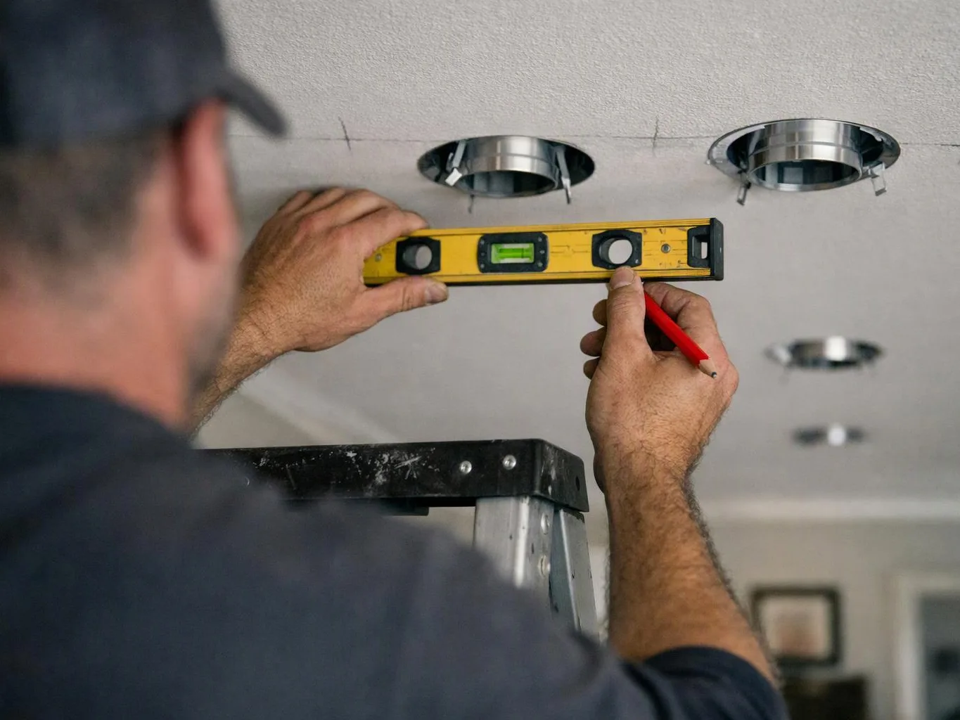 A worker on a ladder measures ceiling openings with a level and red pencil
