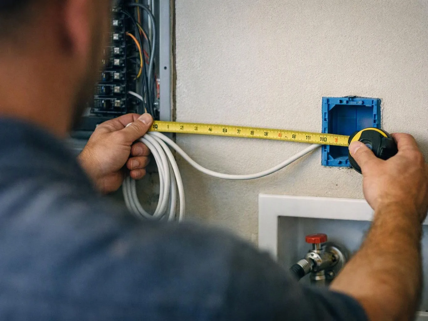A worker measures cable length on a wall beside an electrical panel and blue outlet box