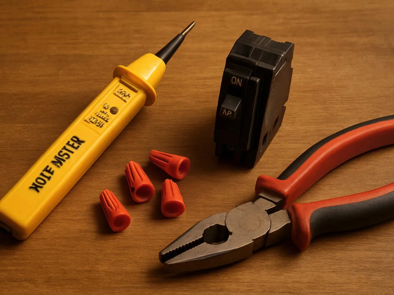 A yellow voltage tester, wire nuts, a black breaker switch, and red-handled pliers sit on a wooden surface